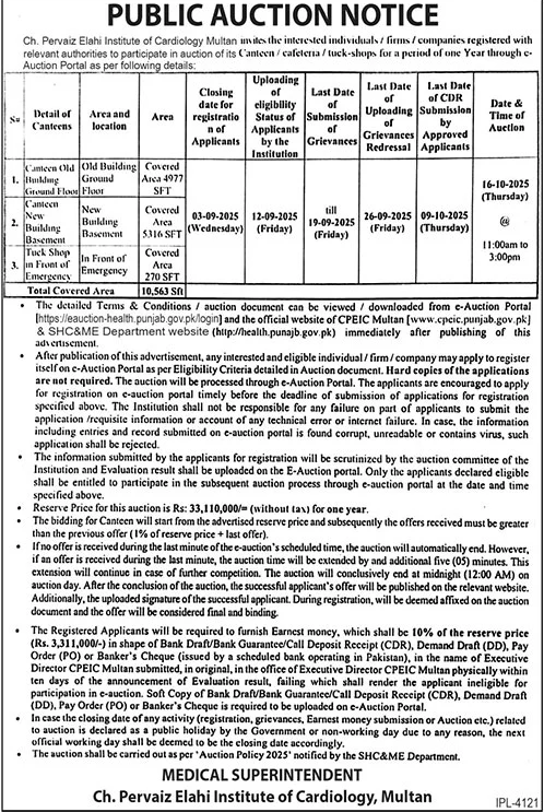 Ch Pervaiz Elahi Institute of Cardiology Multan Tender Notice